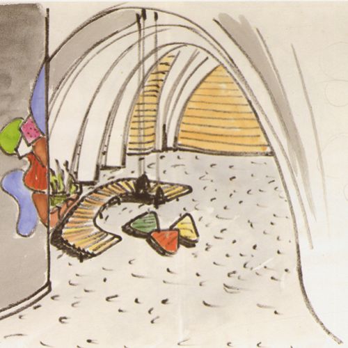 Apartamentos la Pedrera, Barba Corsini, 1955. Croquis con el banco  PEDRERA. Monografía: "BARBA CORSINI. Arquitectura/Architecture. 1953 1994". Ruiz Millet, Joaquim.