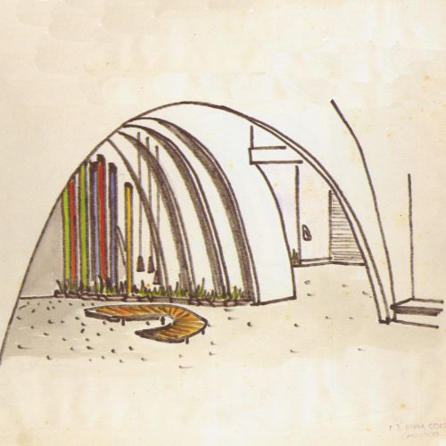 Apartamentos la Pedrera, Barba Corsini, 1955. Croquis con el banco  PEDRERA. Monografía: "BARBA CORSINI. Arquitectura/Architecture. 1953-1994". Ruiz Millet, Joaquim.